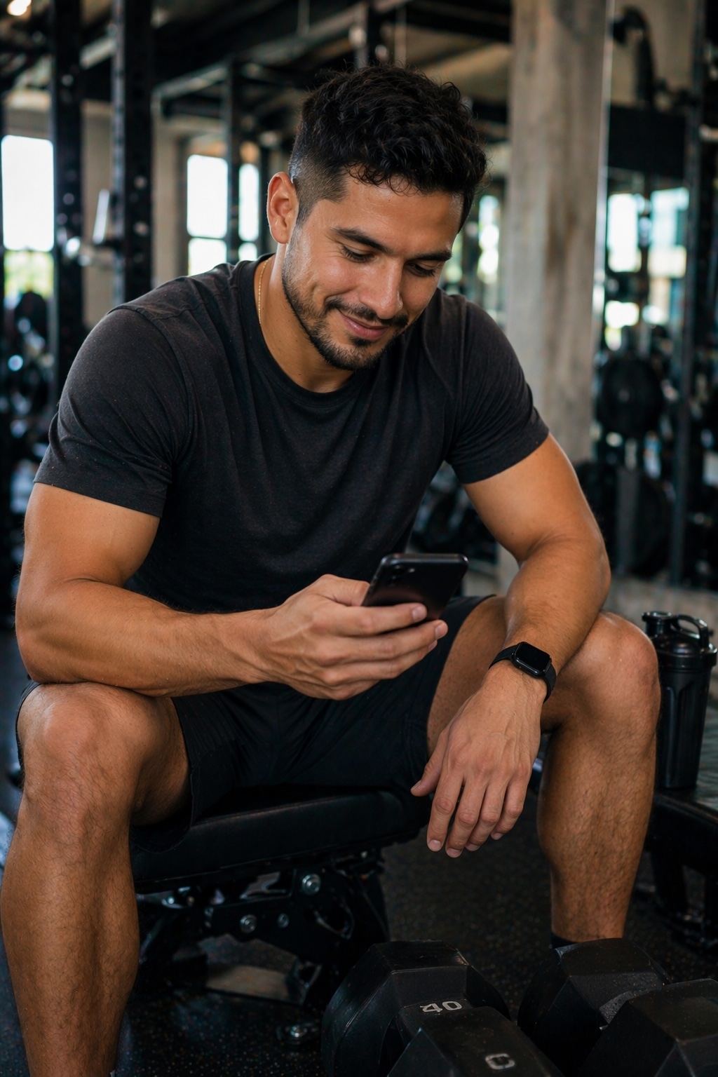 Athlete texting trainer between sets